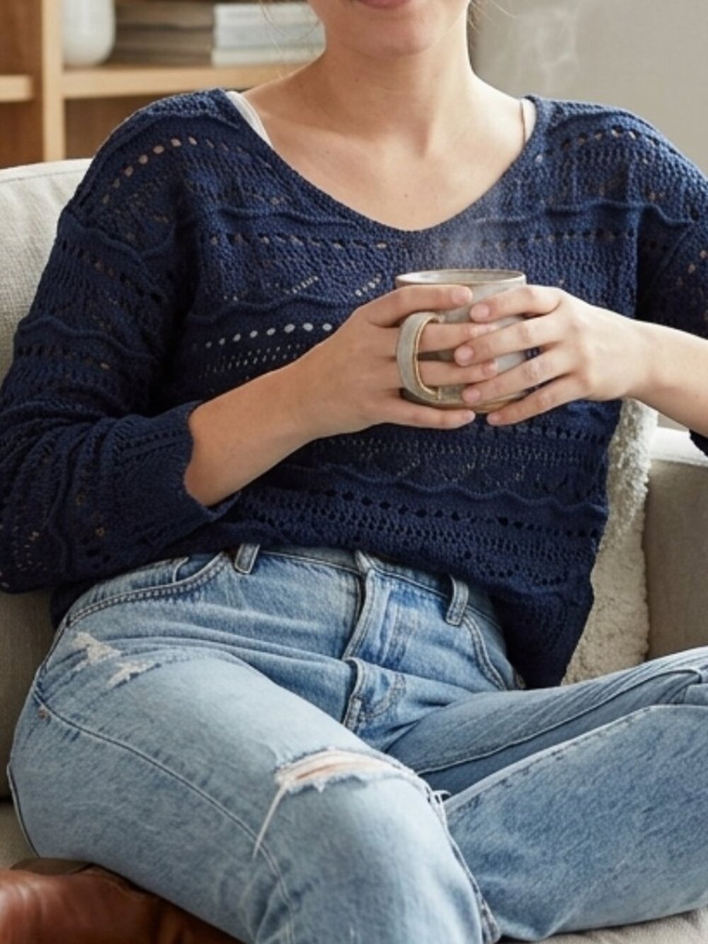 Grace Women's Open Knit Top Navy Blue Sheer Sweater Long Sleeves Made in Italy